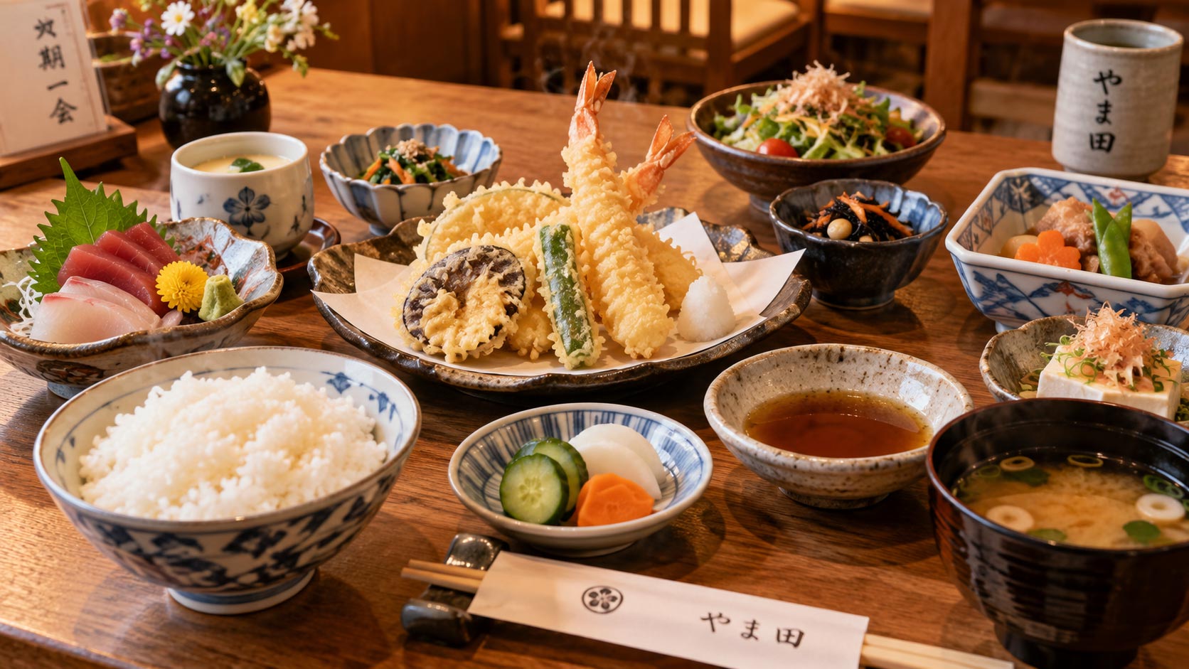 Japanese lunch dishes on a wooden table