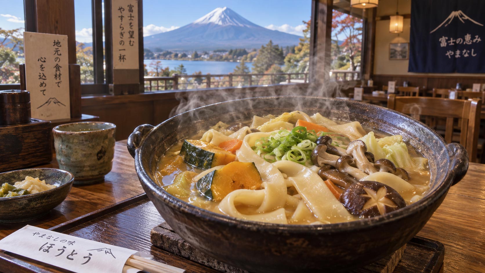 steaming bowl of Hoto noodles thick with vegetables